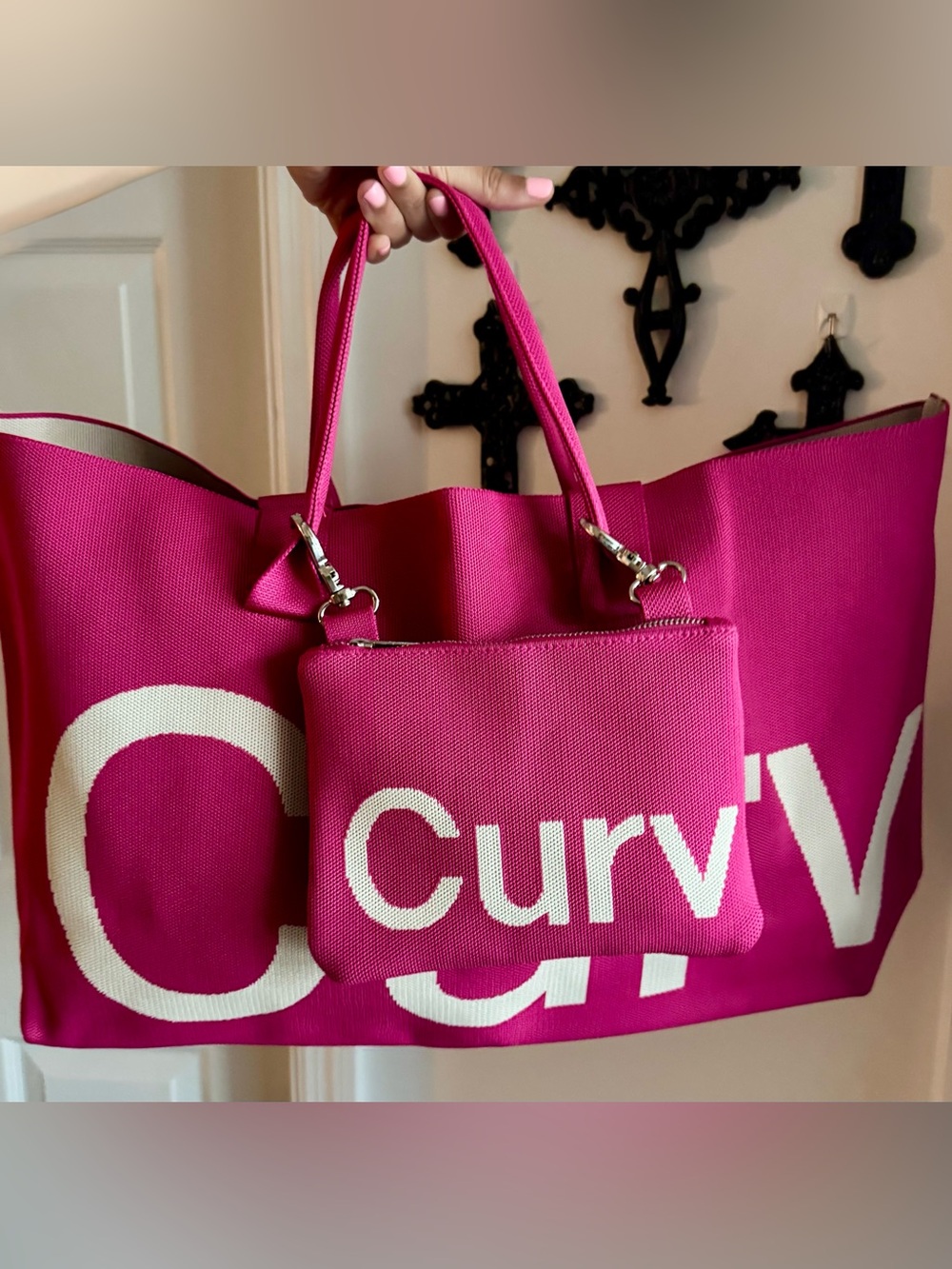CURVES by Sean Brown Raspberry Knit Tote Bag W/ mini Tote